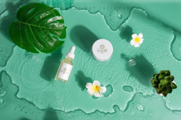Mockup Cream Bottle and Drop on Green