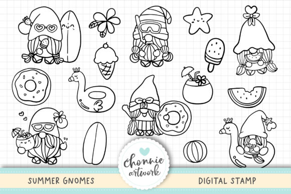 Summer Gnomes Digital Stamps, Coloring: A Creative Resource for All Ages